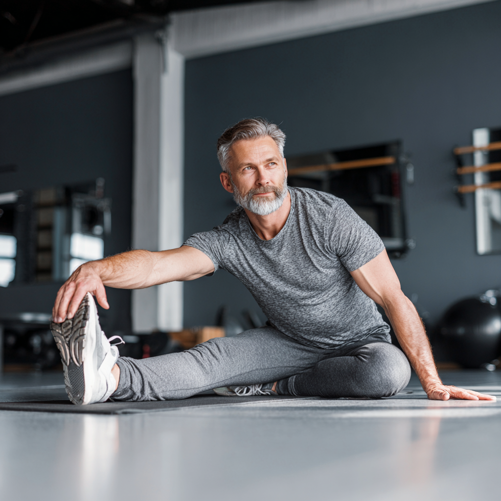 confident 50 years old person stretching in modern fitness studio