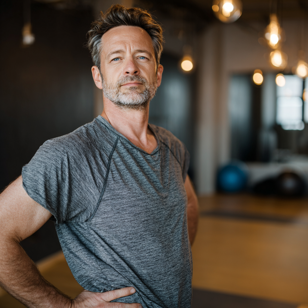 confident 51 years old person stretching in modern fitness studio