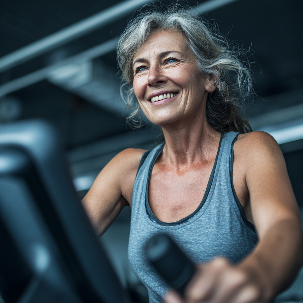 satisfied 52 years old woman at cardio training